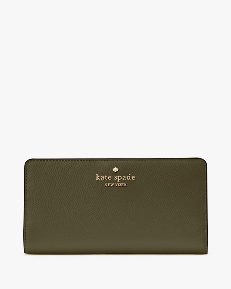 Kate Spade,Madison Large Slim Bifold Wallet,Leather,Bi Fold,Metal,Logo,Casual,Olive