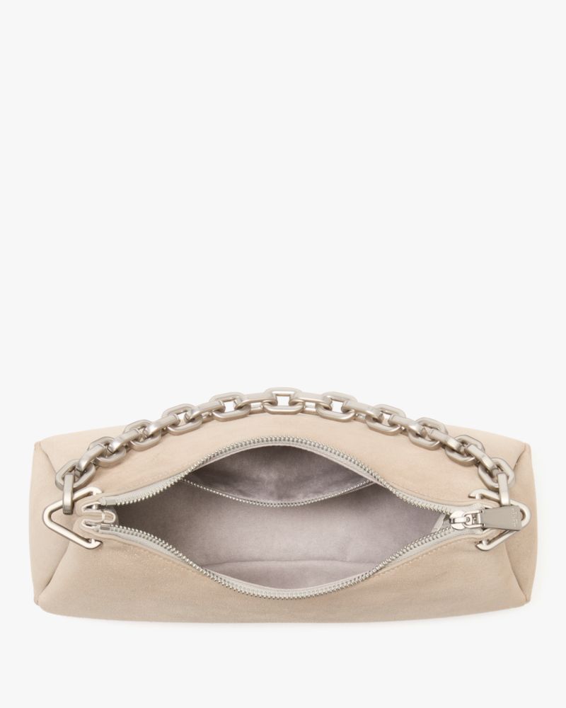 Kate Spade,Grace Glitter Suede Chain Shoulder Bag,Suede,Shoulder Bag,Logo,Metal,Glitter,Silver Metal,Day Party,