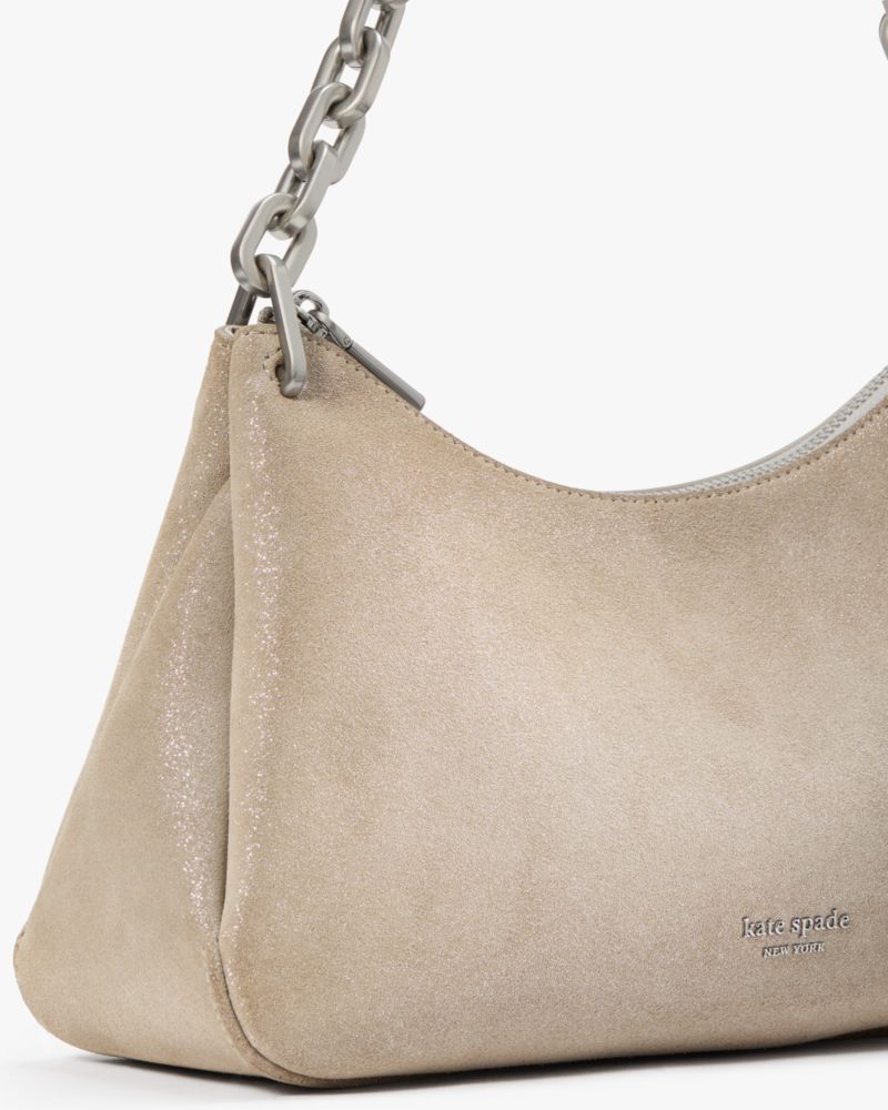 Kate Spade,Grace Glitter Suede Chain Shoulder Bag,Suede,Shoulder Bag,Logo,Metal,Glitter,Silver Metal,Day Party,