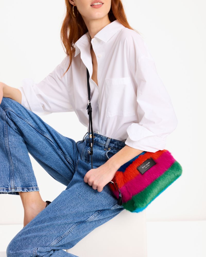 Kate Spade,Puffed Striped Faux Fur Crossbody,Faux Fur,Crossbody,Logo,Adjustable,Day Party,Multi Color
