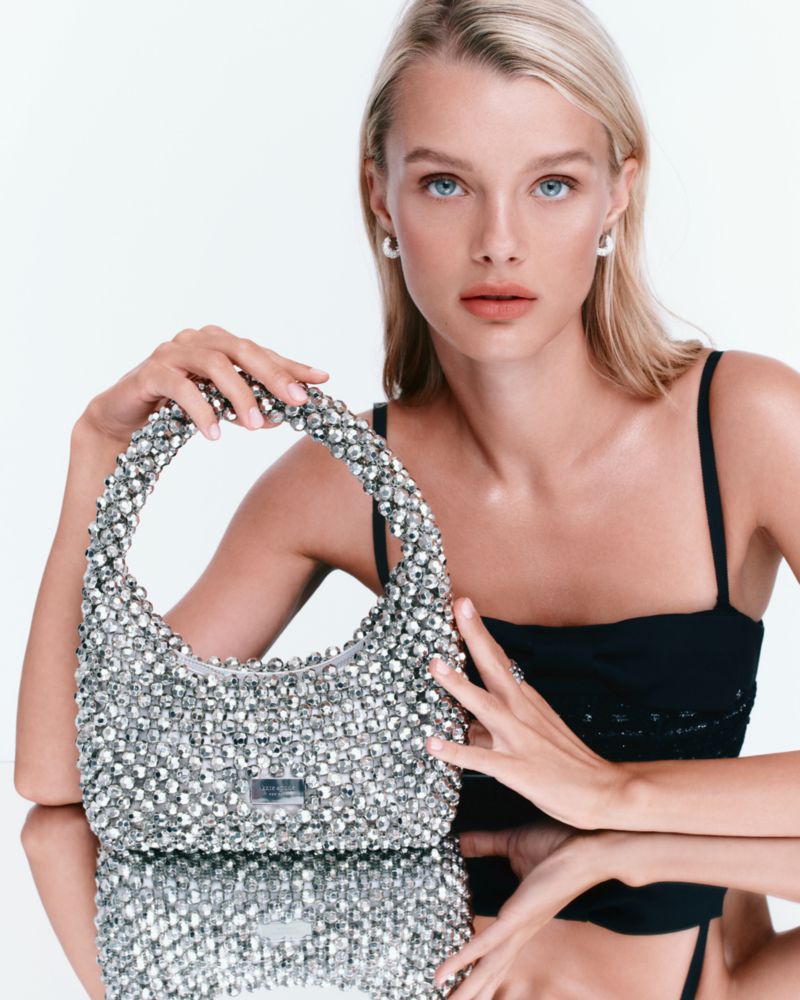 Kate Spade,Twirl Beaded Top-handle Bag,Shoulder Bag,Logo,Tag Embellishment,Bead Embellishment,Embellished,Silver Metal,Party,Multi Color