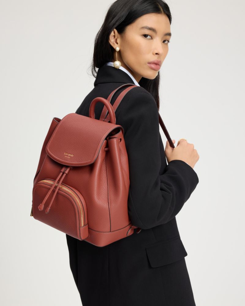 Kate Spade,Taylor Backpack,Leather,Backpack,Word Embellishment,Logo,Piping,Lined,Casual,Brown