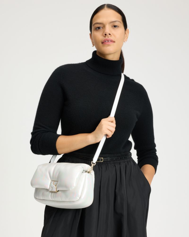 Kate Spade,Dakota Puffy Crossbody,Leather,Crossbody,Logo,Metal,Adjustable,Day Party,Gray