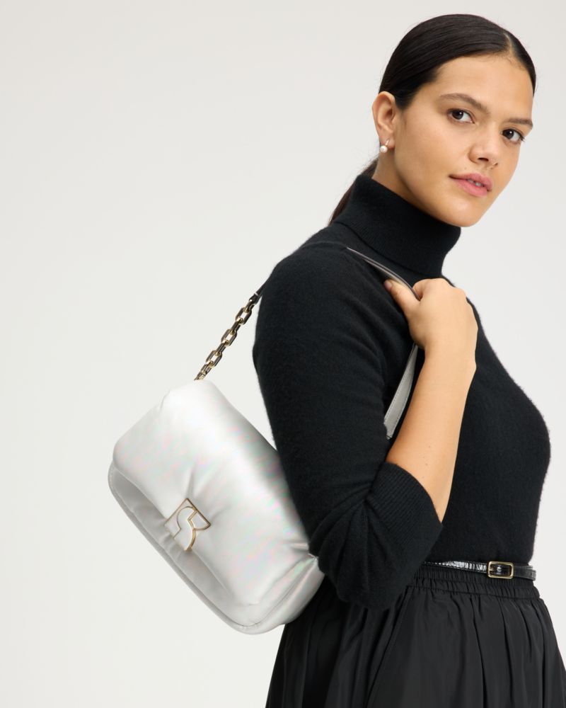 Kate Spade,Dakota Puffy Crossbody,Leather,Crossbody,Logo,Metal,Adjustable,Day Party,Gray