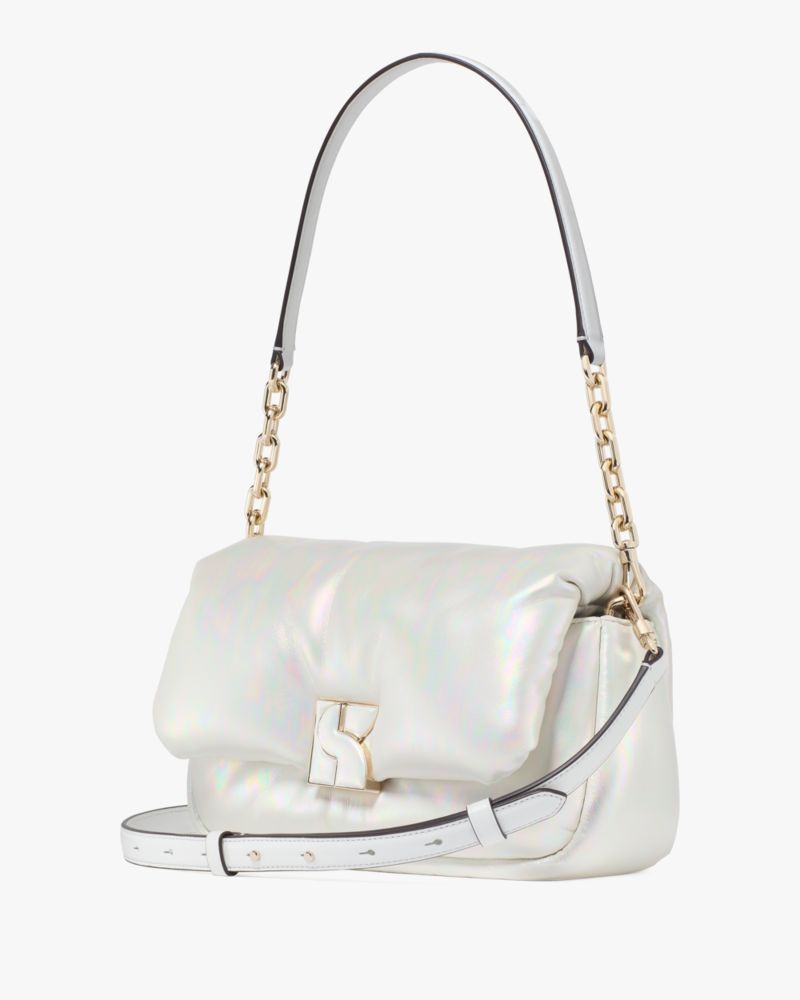 Kate Spade,Dakota Puffy Crossbody,Leather,Crossbody,Logo,Metal,Adjustable,Day Party,Gray