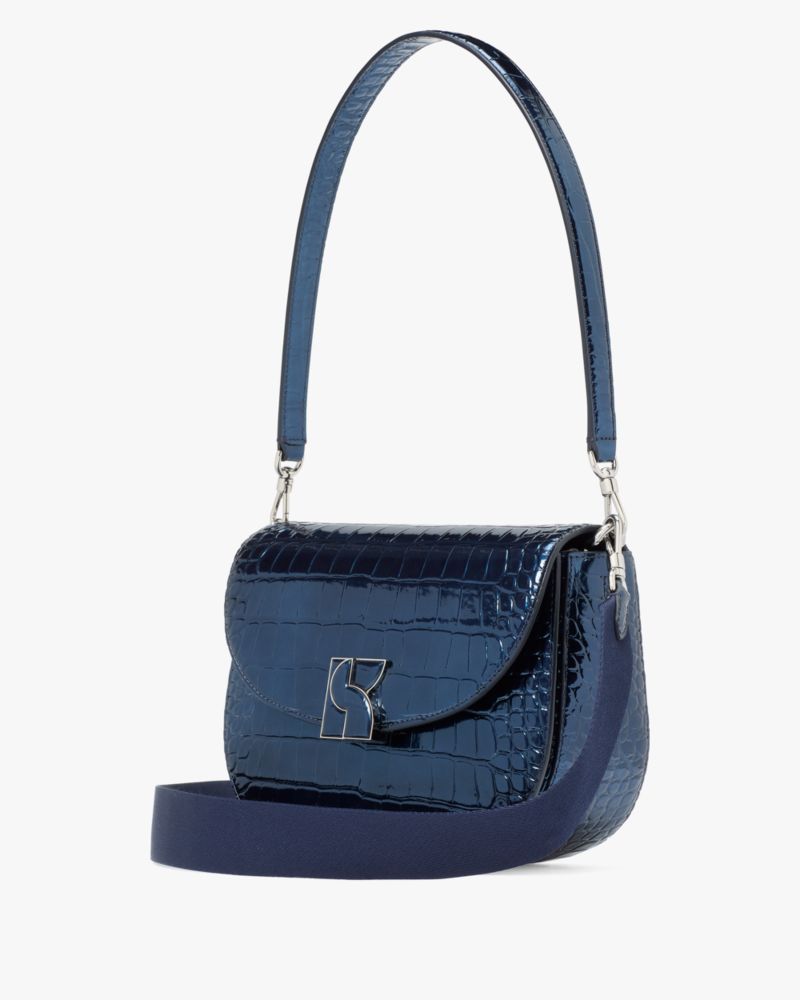 Kate Spade,ケイト・スペード ダコタ メタリック クロコエンボスド ミディアム サドル バッグ,ショルダーバッグ,ネイビー