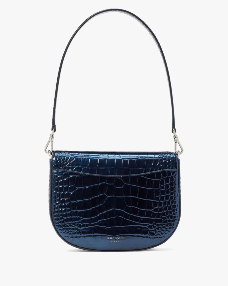 Kate Spade,ケイト・スペード ダコタ メタリック クロコエンボスド ミディアム サドル バッグ,ショルダーバッグ,ネイビー