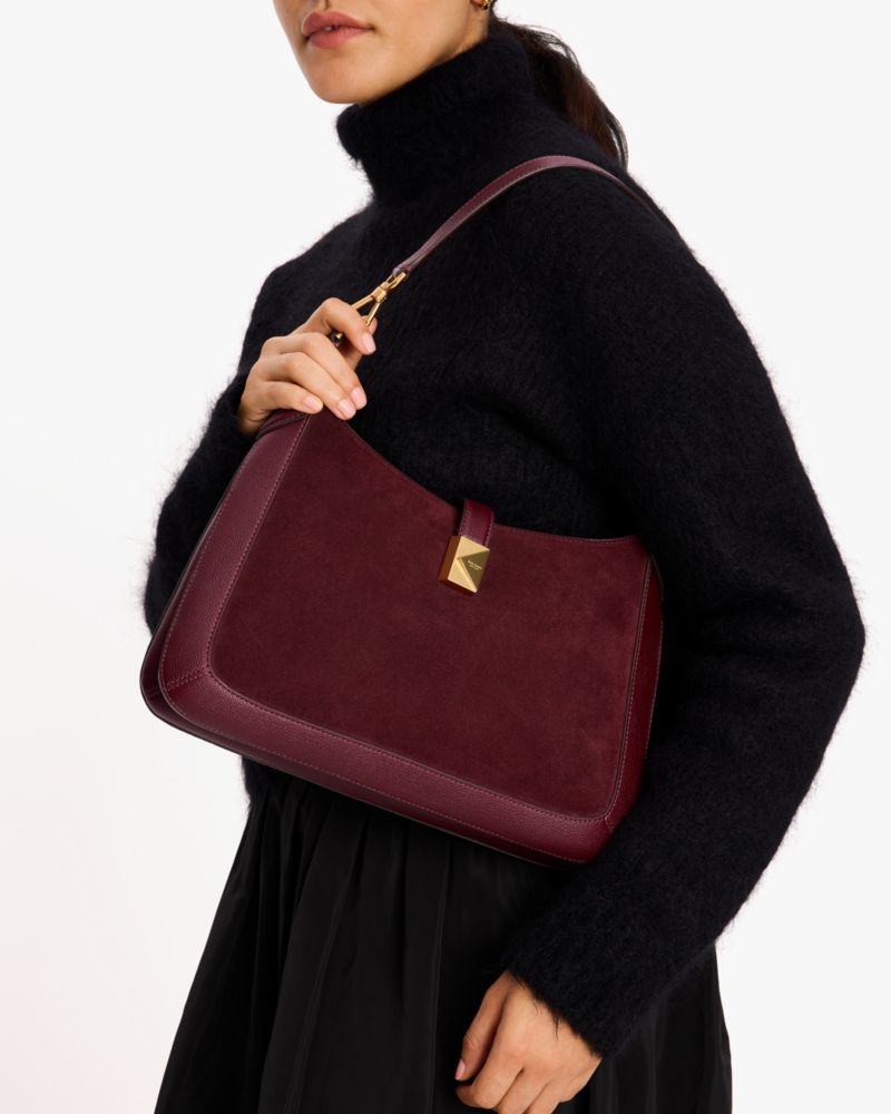 Kate Spade,Deco Pebbled Leather & Suede Hobo Bag,Maroon