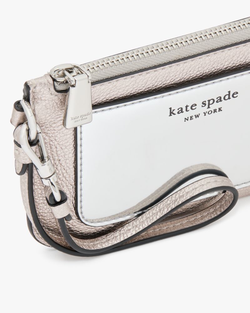 Kate Spade,Ava Metallic Coin Card Case Wallet,Leather,Card Case,Color Block,Word Embellishment,Logo,Casual,Gray