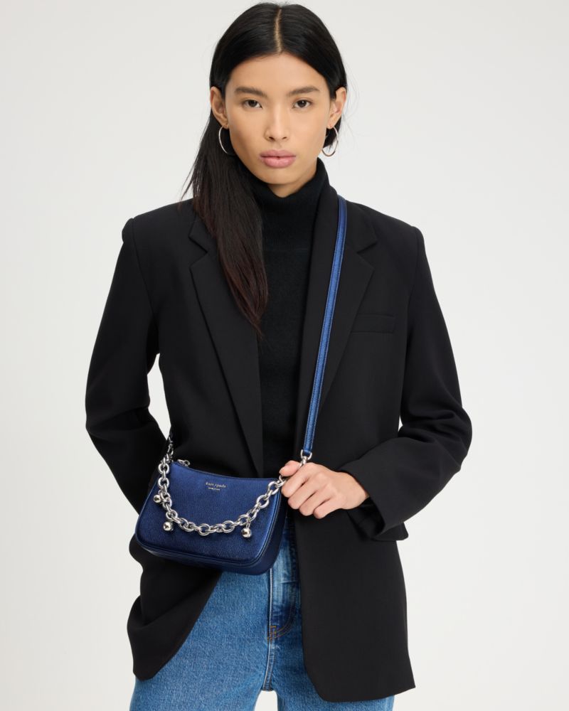 Kate Spade,Jolie Metallic Small Convertible Crossbody,Recycled Polyester,Leather,Crossbody,Rhinestones,Chain Detail,Logo,M...,Blue