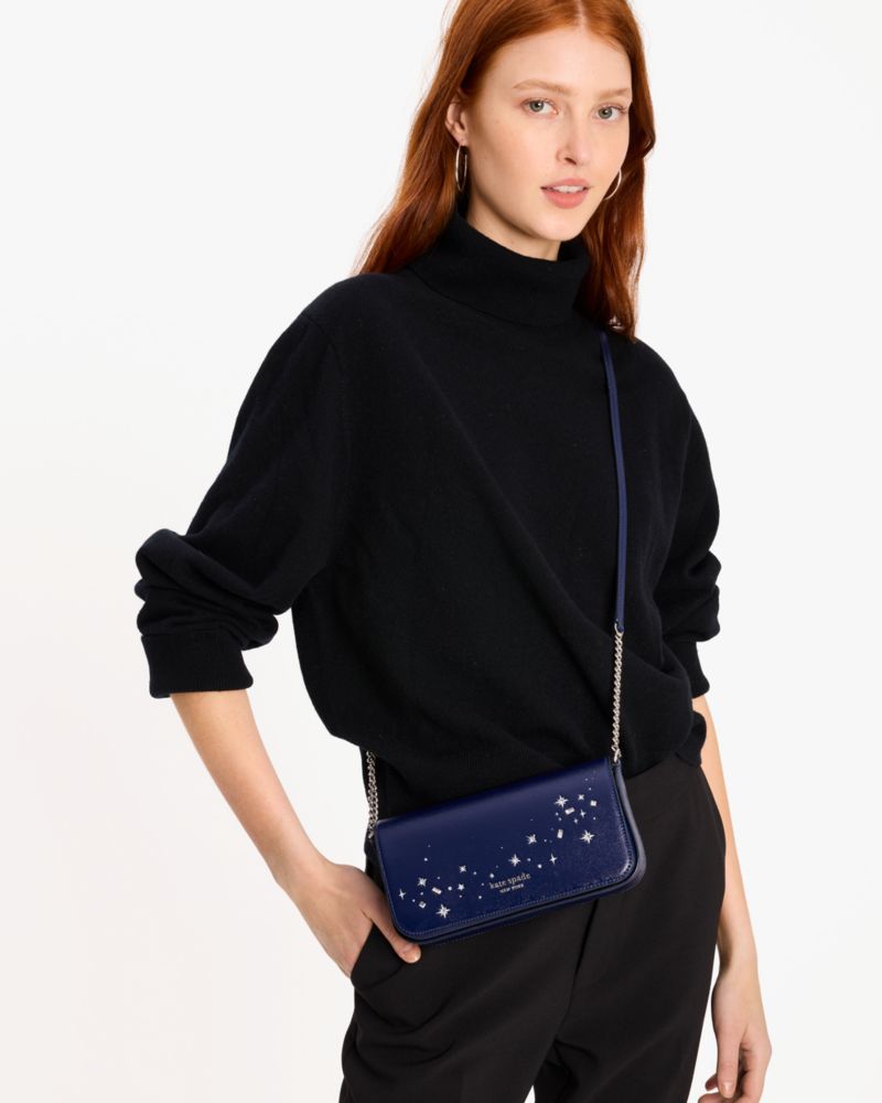 Kate Spade,Devin Embellished Flap Chain Wallet,Leather,Crossbody,Logo,Metal,Rhinestones,Casual,Blue