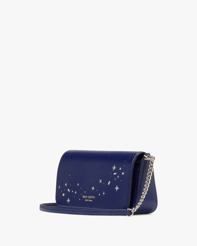 Kate Spade,Devin Embellished Flap Chain Wallet,Leather,Crossbody,Logo,Metal,Rhinestones,Casual,Blue