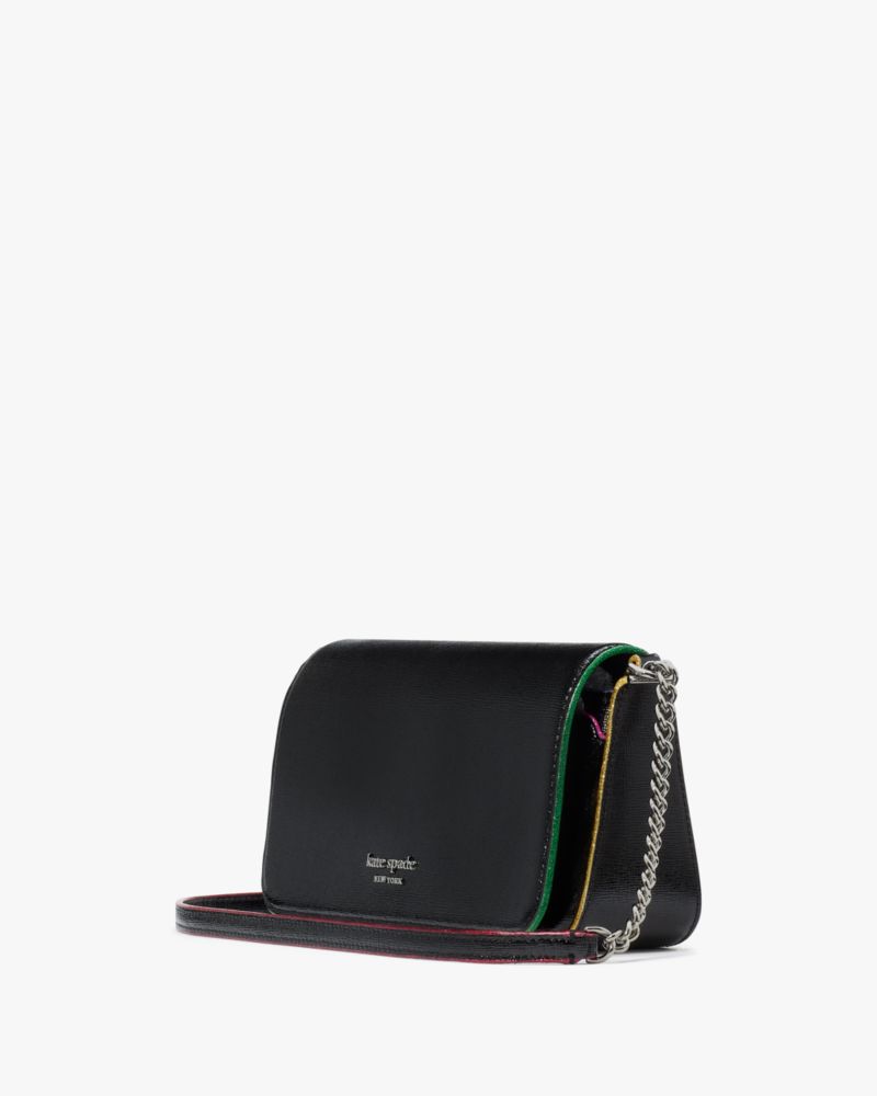 Kate Spade,Devin Glitter Edge Flap Chain Wallet,Leather,Crossbody,Logo,Casual,Black