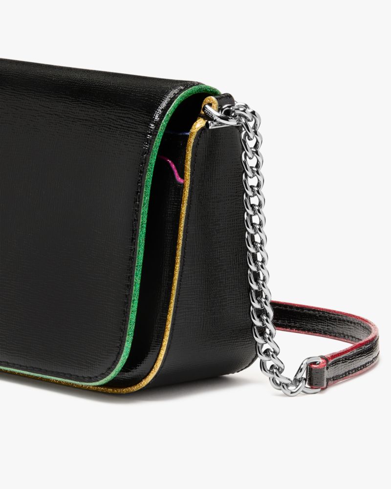 Kate Spade,Devin Glitter Edge Flap Chain Wallet,Leather,Crossbody,Logo,Casual,Black