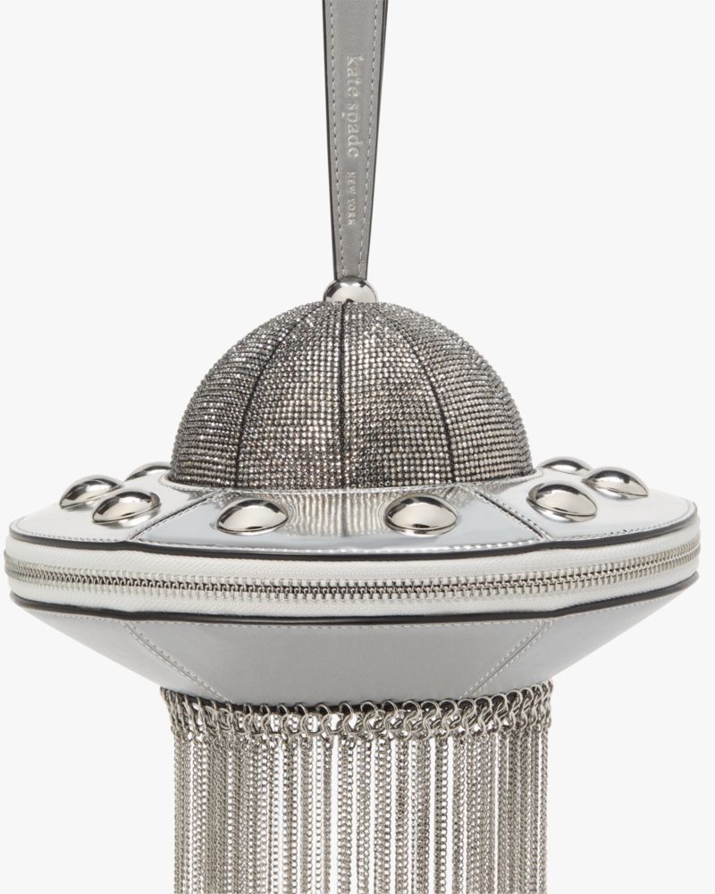 Kate Spade,Spaced Out Embellished Metallic 3d UFO Top Handle Bag,Leather,Wristlet,Embellished,Rhinestones,Fringe,3D Embell...,Gray
