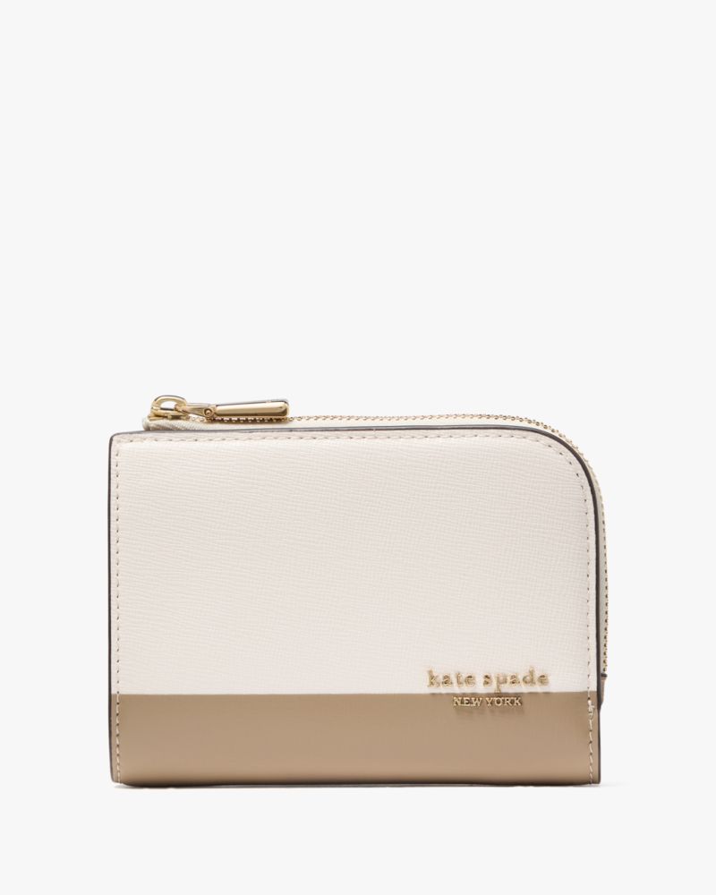 Kate Spade,Devin Colorblocked Small Compact Wallet,Bi Fold,Color Block,Logo,Scratch Resistant,Sustainable,Casual,Cream