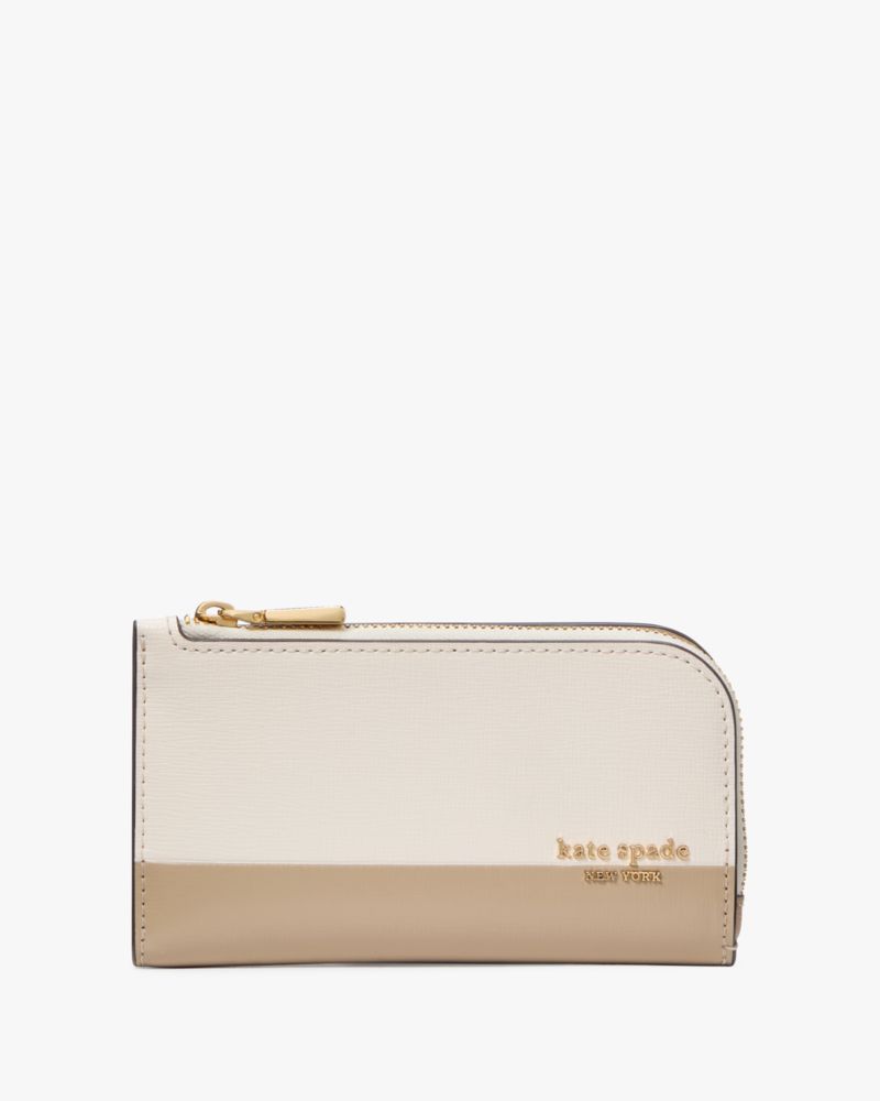 Kate Spade,Devin Colorblocked Small Slim Bifold Wallet,Bi Fold,Continental,Color Block,Logo,Metal,Scratch Resistant,Sustai...,Cream