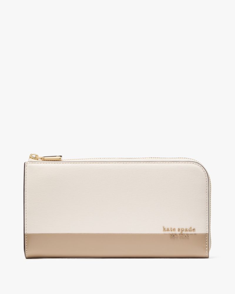 Kate Spade,Devin Colorblocked Zip Around Continental Wallet,Continental,Color Block,Metal,Logo,Sustainable,Scratch Resista...,Cream