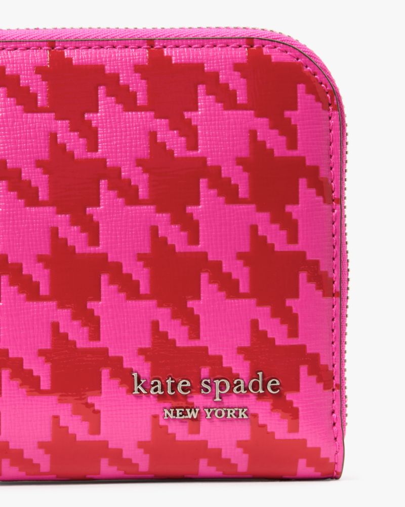 Kate Spade,Devin Houndstooth Zip Around Continental Wallet,Continental,Metal,Logo,Scratch Resistant,Sustainable,Casual,Pink