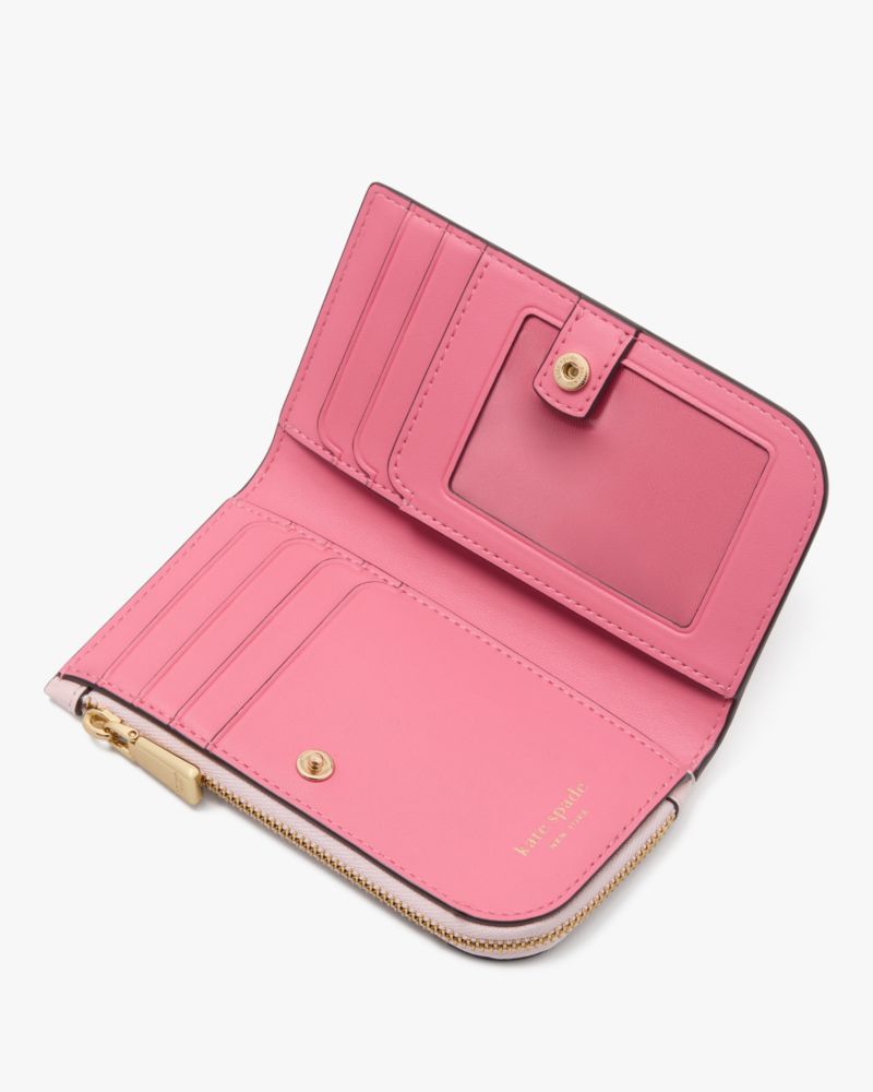 Kate Spade,Devin Small Bifold Wallet,Leather,Bi Fold,Faux Leather,Metal,Logo,Sustainable,Scratch Resistant,Casual,Pink