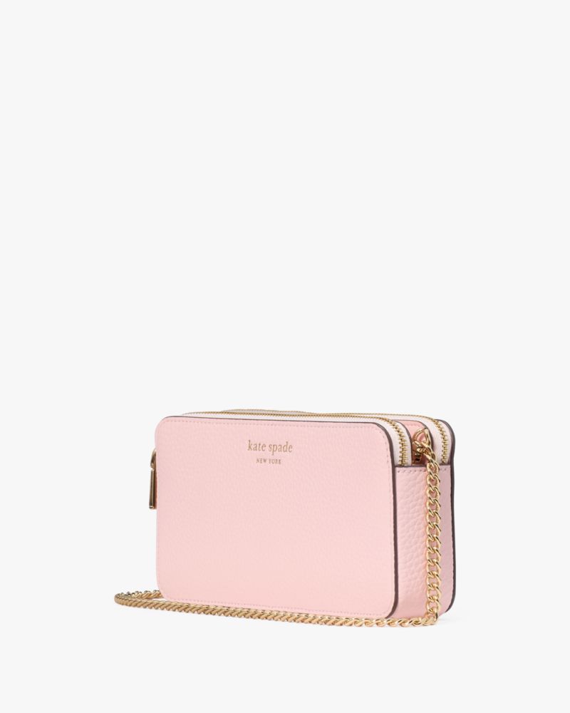 Kate Spade,Taylor Double Zip Crossbody,Leather,Crossbody,Logo,Metal,Casual,Pink