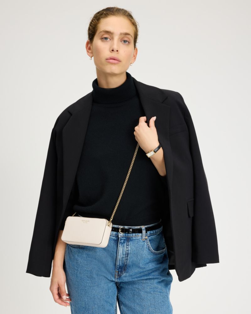 Kate Spade,Taylor Double Zip Crossbody,Leather,Crossbody,Word Embellishment,Logo,Casual,Cream