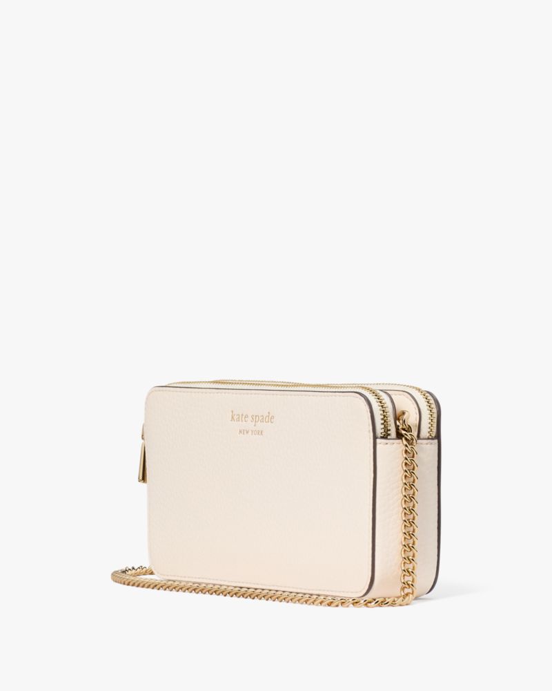 Kate Spade,Taylor Double Zip Crossbody,Leather,Crossbody,Word Embellishment,Logo,Casual,Cream