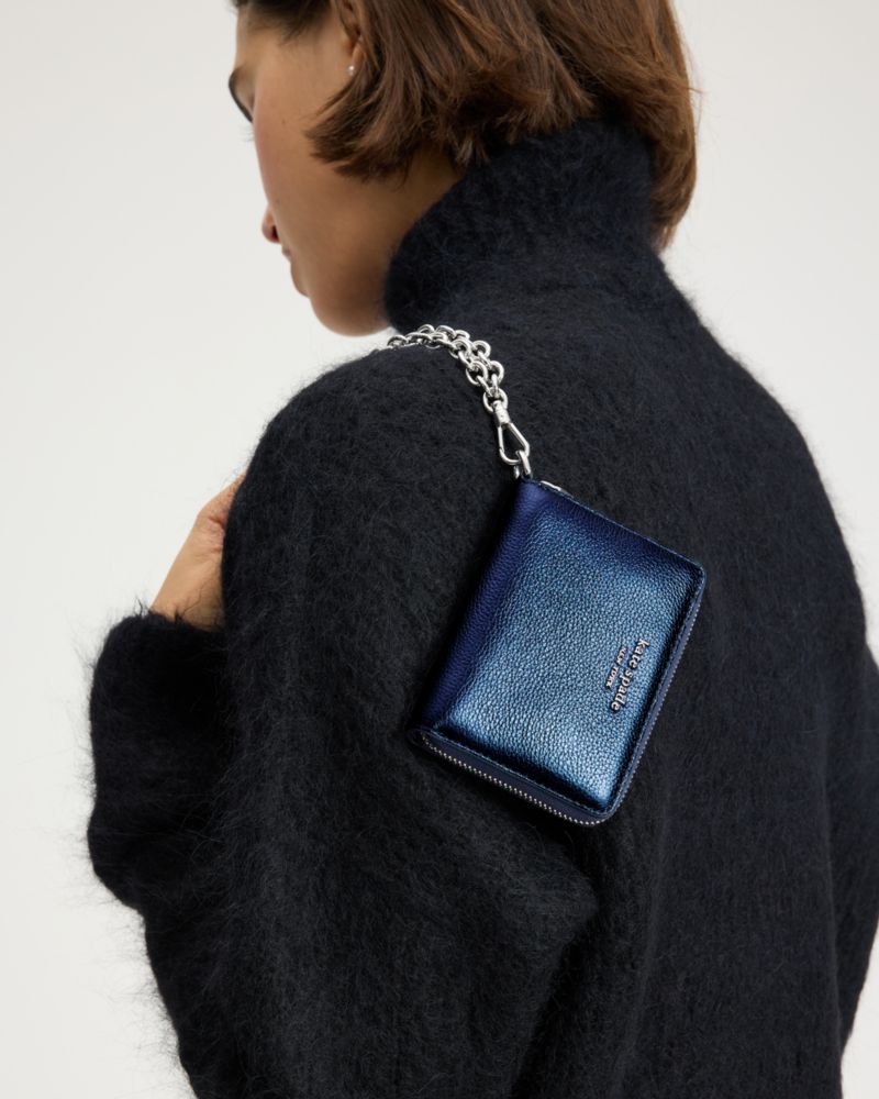 Kate Spade,Natasha Metallic Pebbled Leather Chain Compact Wristlet,Leather,Continental,Wristlet,Metal,Logo,Key Ring,Casual,Navy