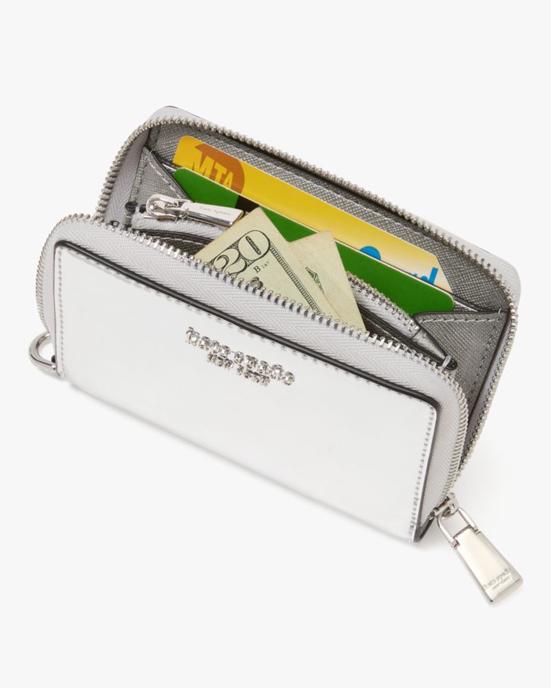 Kate Spade,Natasha Metallic Pebbled Leather Chain Compact Wristlet,Leather,Continental,Wristlet,Metal,Logo,Key Ring,Casual,Navy