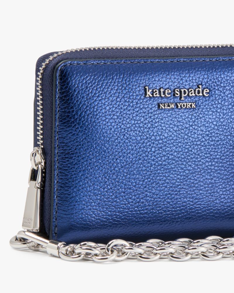 Kate Spade,Natasha Metallic Pebbled Leather Chain Compact Wristlet,Leather,Continental,Wristlet,Metal,Logo,Key Ring,Casual,Navy