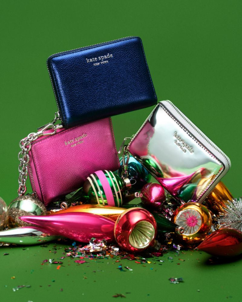 Kate Spade,Natasha Metallic Pebbled Leather Chain Compact Wristlet,Leather,Continental,Wristlet,Metal,Logo,Key Ring,Casual,Navy
