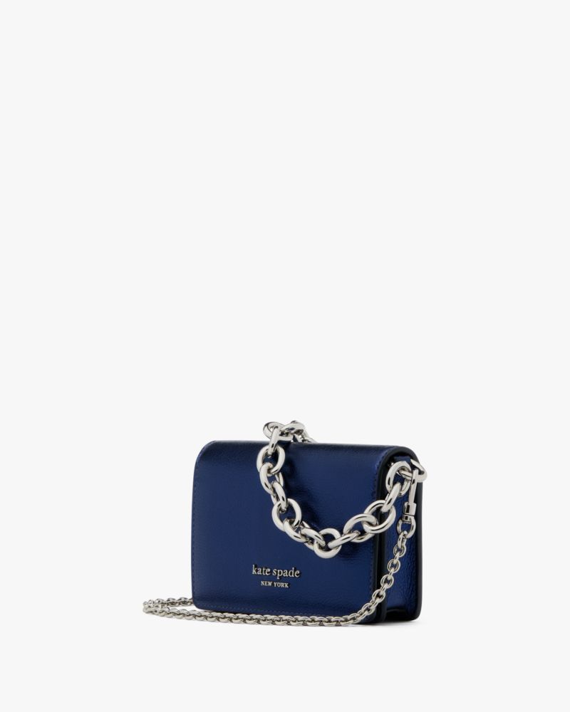 Kate Spade,Natasha Metallic Pebbled Leather Chain Card Case Crossbody,Leather,Crossbody,Logo,Metal,Casual,Navy