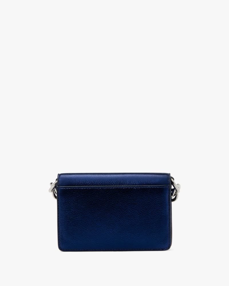 Kate Spade,Natasha Metallic Pebbled Leather Chain Card Case Crossbody,Leather,Crossbody,Logo,Metal,Casual,Navy