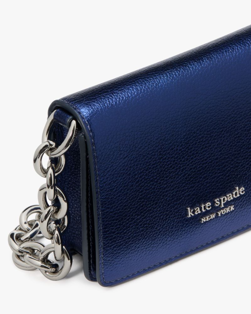 Kate Spade,Natasha Metallic Pebbled Leather Chain Card Case Crossbody,Leather,Crossbody,Logo,Metal,Casual,Navy