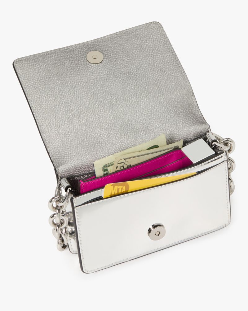 Kate Spade,Natasha Metallic Pebbled Leather Chain Card Case Crossbody,Leather,Crossbody,Logo,Metal,Casual,Navy