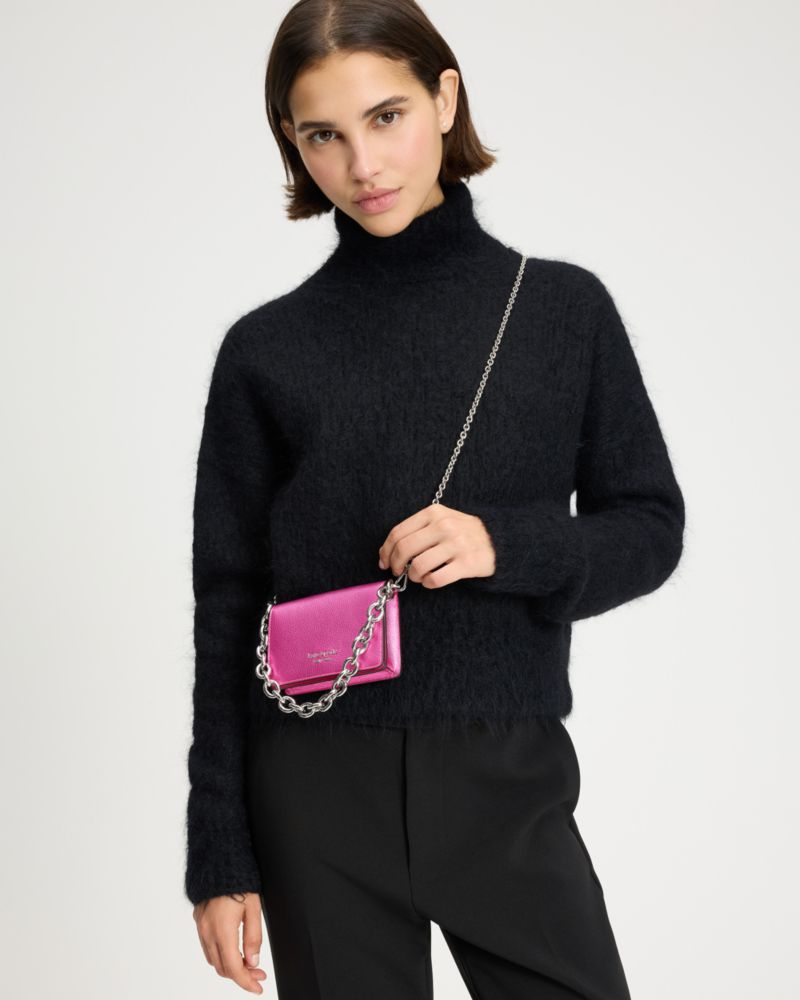 Kate Spade,Natasha Metallic Pebbled Leather Chain Card Case Crossbody,Leather,Crossbody,Logo,Metal,Casual,Fuchsia