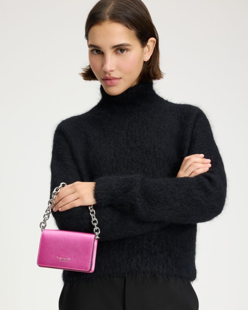 Kate Spade,Natasha Metallic Pebbled Leather Chain Card Case Crossbody,Leather,Crossbody,Logo,Metal,Casual,Fuchsia