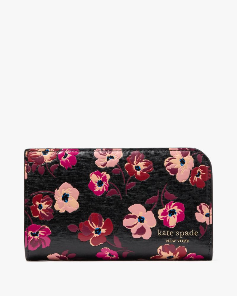 Kate Spade,Devin Fall Poppies Medium Bifold Wallet,Black