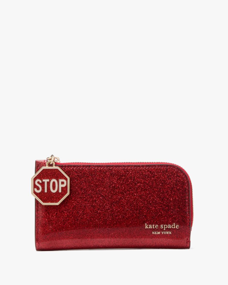 Kate Spade,Detour Glitter Patent Leather Small Slim Bifold Wallet,Continental,Bi Fold,Glitter,Embellished,Logo,Sustainable...,Red,Metallic