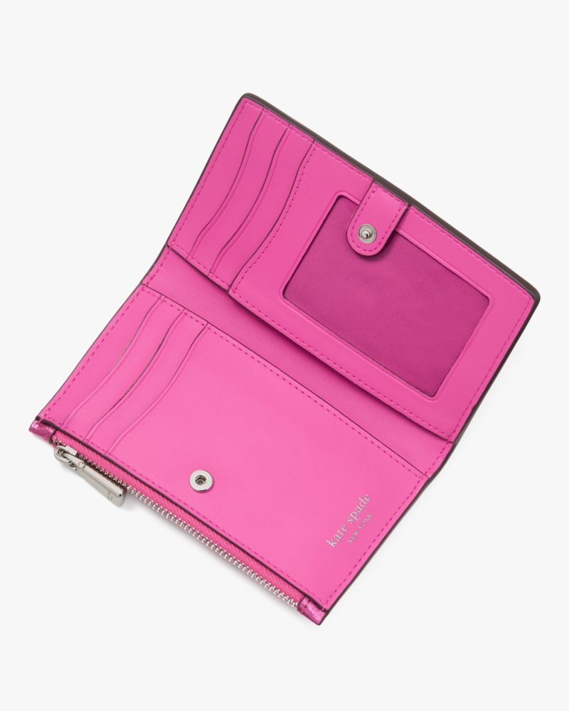 Kate Spade,Morgan Bow Metallic Small Slim Bifold Wallet,Leather,Bi Fold,Faux Leather,Metal,Bow,Logo,Casual,Fuchsia