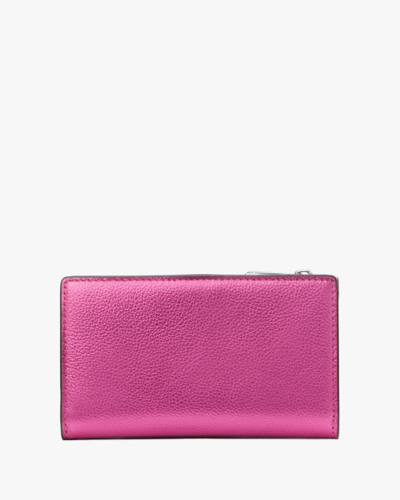 Kate Spade,Morgan Bow Metallic Small Slim Bifold Wallet,Leather,Bi Fold,Faux Leather,Metal,Bow,Logo,Casual,Fuchsia
