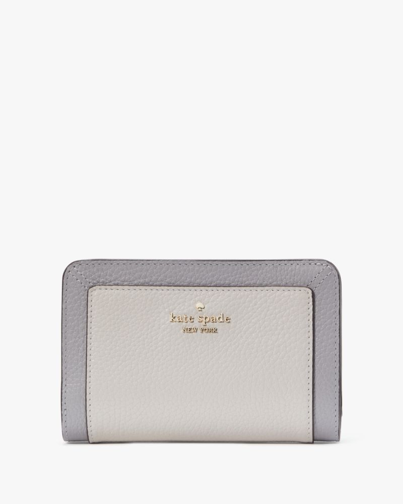 Kate Spade,Lena Colorblock Medium Compact Bifold Wallet,Leather,Bi Fold,Metal Material,Metal,Piping,Logo,Casual,Gray