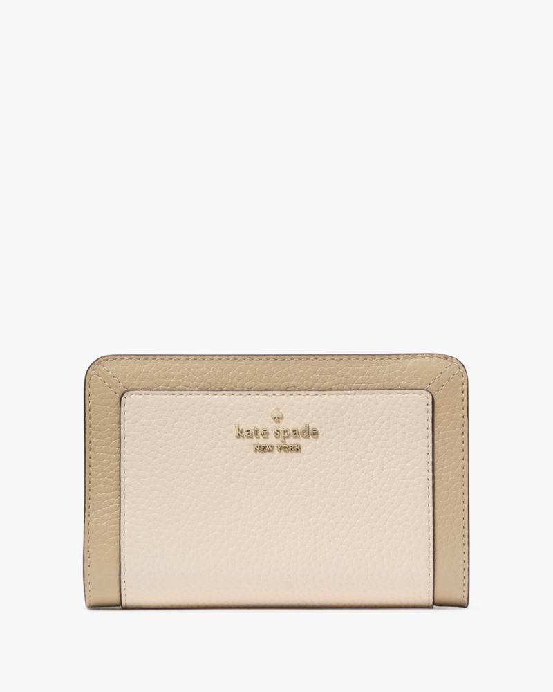 Kate Spade,Lena Colorblock Medium Compact Bifold Wallet,Leather,Bi Fold,Metal Material,Metal,Piping,Logo,Casual,Beige