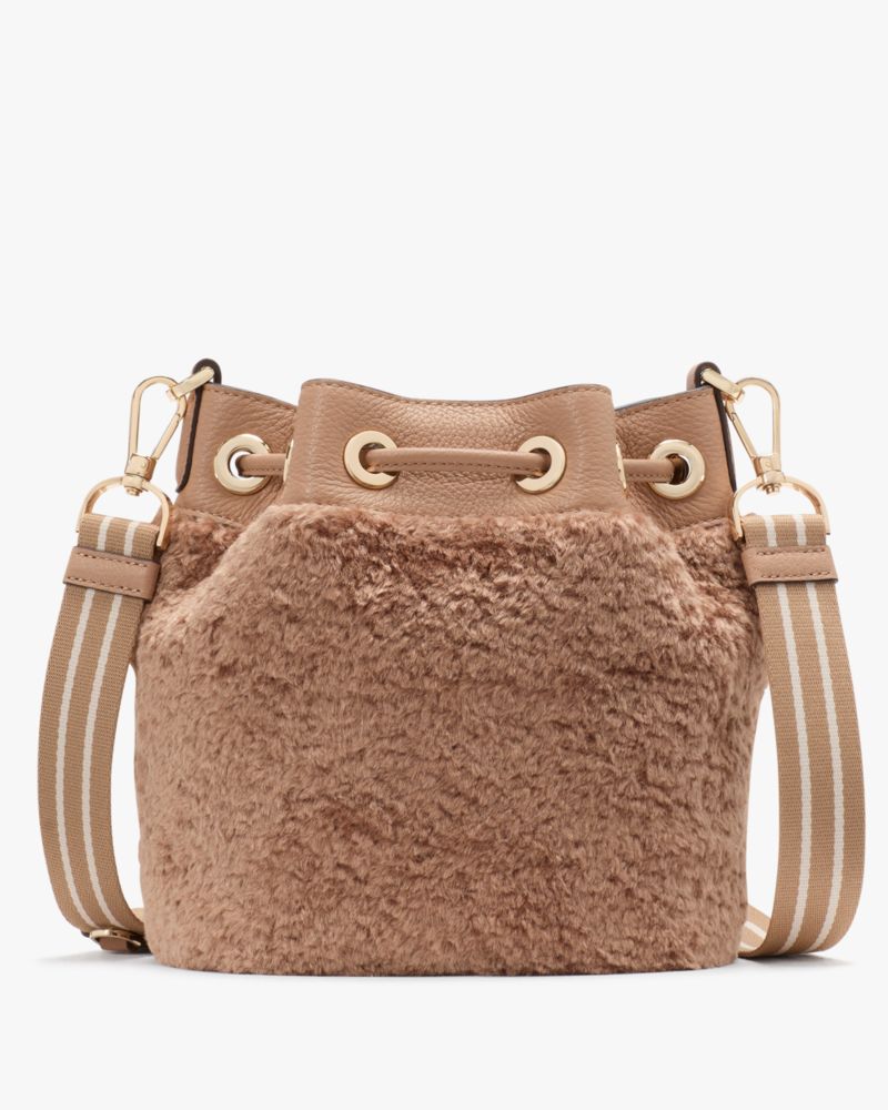 Kate Spade,Rosie Faux Fur Small Bucket Bag,Faux Fur,Bucket,Applique,Logo,Stripe,Day Party,Brown