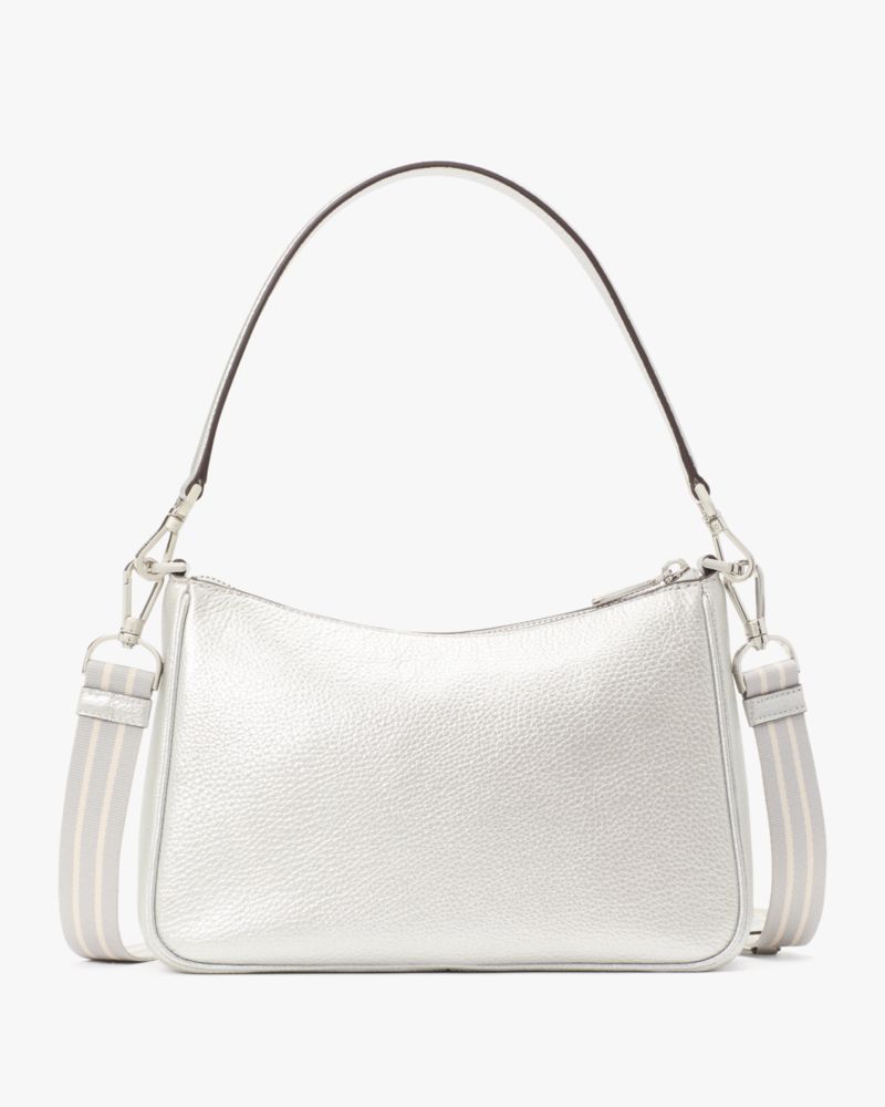 Kate Spade,Rosie Metallic Medium Shoulder Bag,Leather,Shoulder Bag,Coin,Metal,Stripe,Logo,Day Party,Metallic,Silver