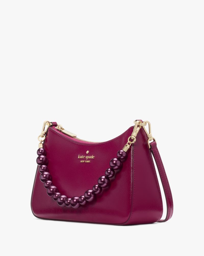 Kate Spade,Madison Faux Pearl Medium Convertible Crossbody,Crossbody,Metal Material,Bead Embellishment,Logo,Metal,Gold Met...,Maroon