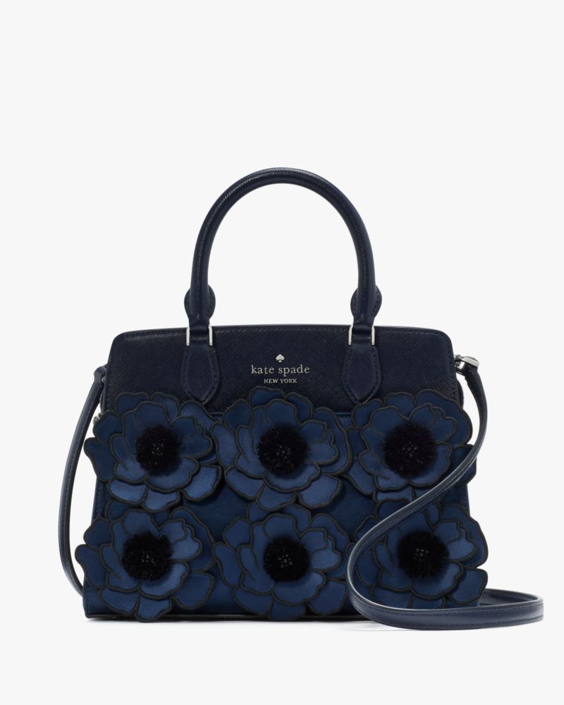 Kate Spade,Madison Embroidered Floral Small Satchel,Satchel,Metal Material,Applique,Embellished,Logo,Word Embellishment,Si...,Navy