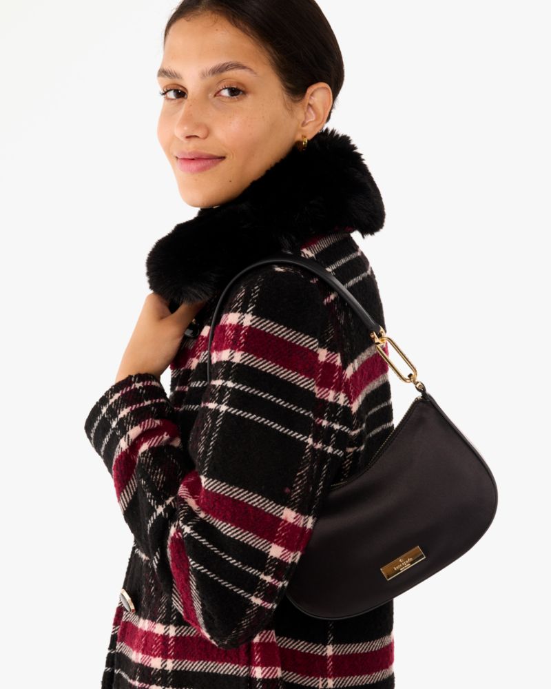 Kate Spade,Nina Satin Shoulder Bag,Satin,Shoulder Bag,Metal,Logo,Lined,Day Party,Black