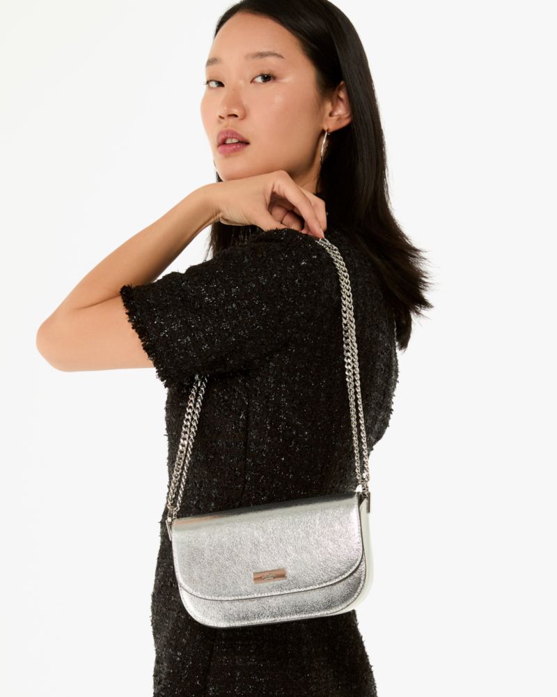 Kate Spade,Krista Metallic Chain Flap Crossbody,Leather,Saddle Bag,Logo,Metal,Gold Metal,Day Party,Silver