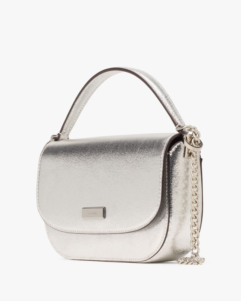 Kate Spade,Krista Metallic Chain Flap Crossbody,Leather,Saddle Bag,Logo,Metal,Gold Metal,Day Party,Silver
